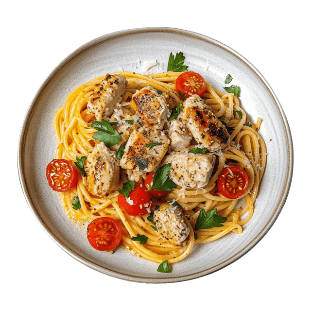 Spaghetti z kurczakiem i pomidorkami koktajlowymi