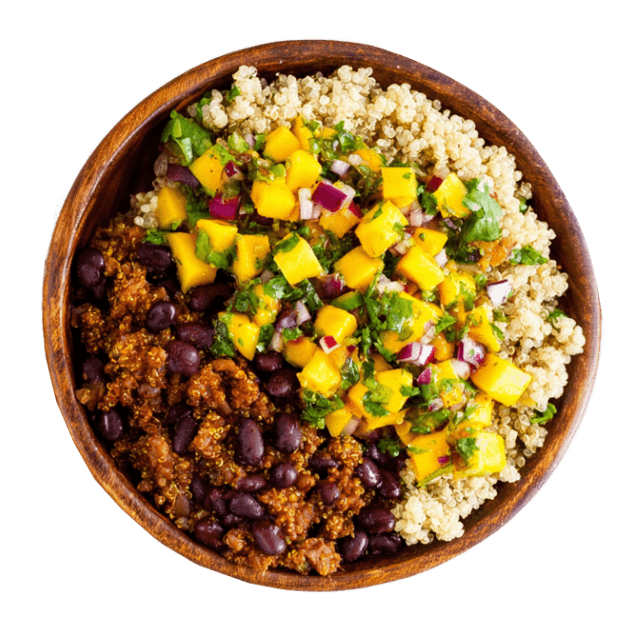 Bowl z czarną fasolą, komosą ryżową oraz salsą z mango i awokado