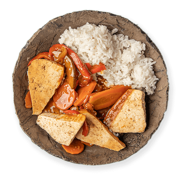 Pieczone tofu z warzywami i ryżem