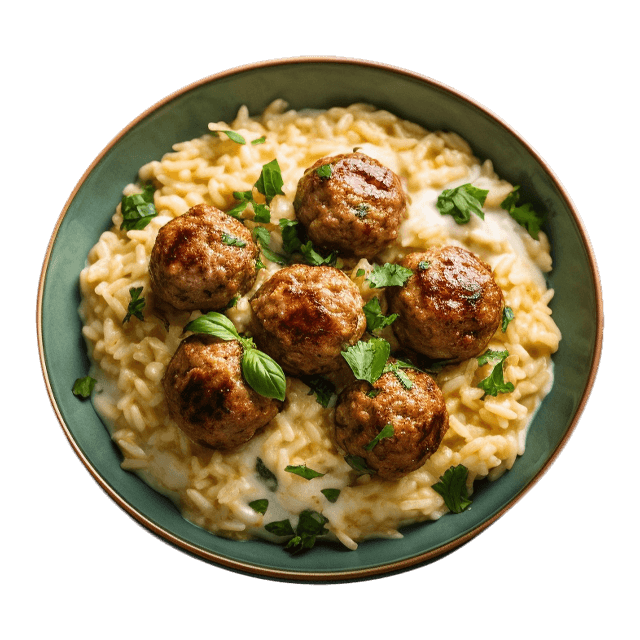 Pieczone pulpeciki drobiowe w kremowym sosie i makaronem orzo