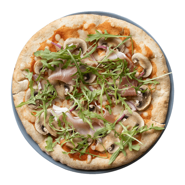 Pizza na gotowym spodzie z pieczarkami i szynką