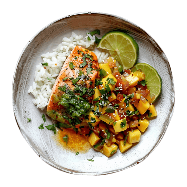 Rice bowl z łososiem i salsą mango