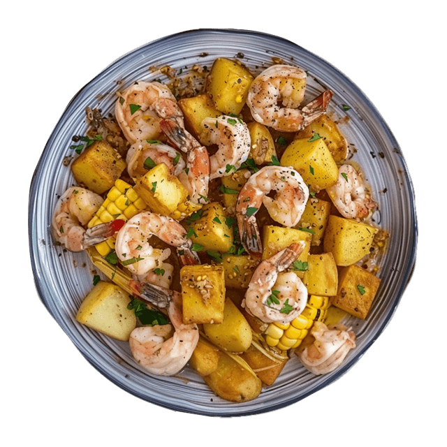 Pieczone krewetki z ziemniakami i kukurydzą