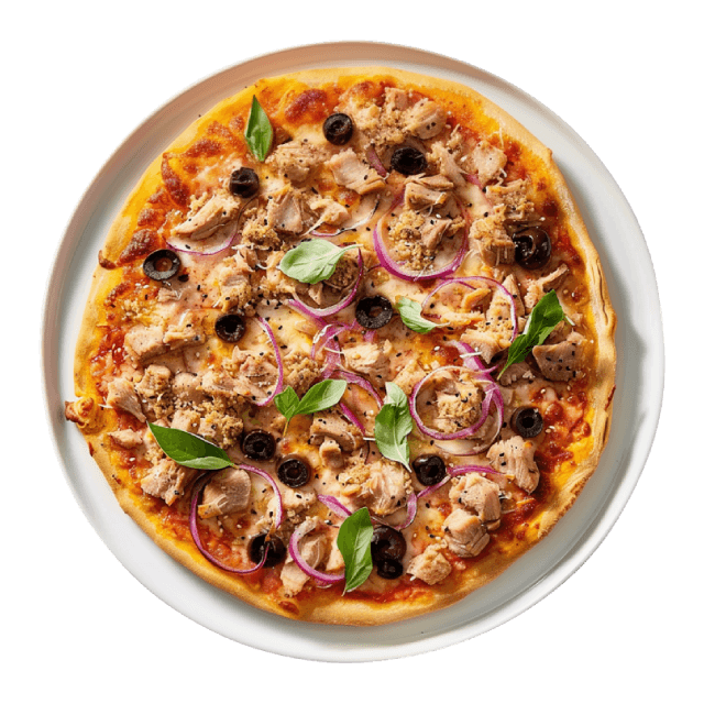 Pizza z tuńczykiem, oliwkami i cebulą czerwoną