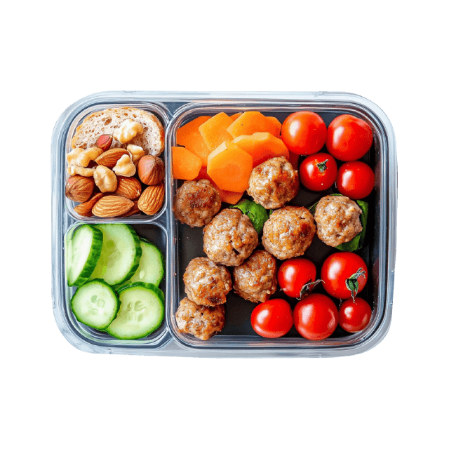 Lunchbox z klopsami, warzywami i orzechami