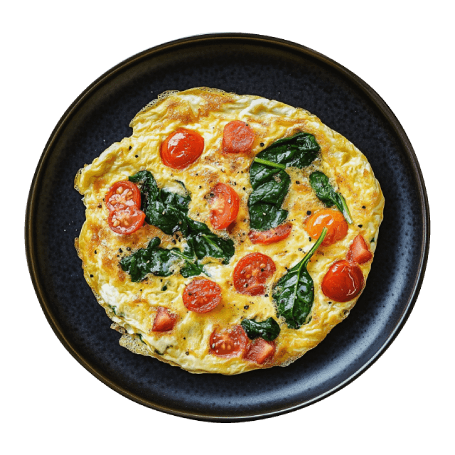 Omlet ze szpinakiem podany z chrupiącym pieczywem i kawałkami pomidora