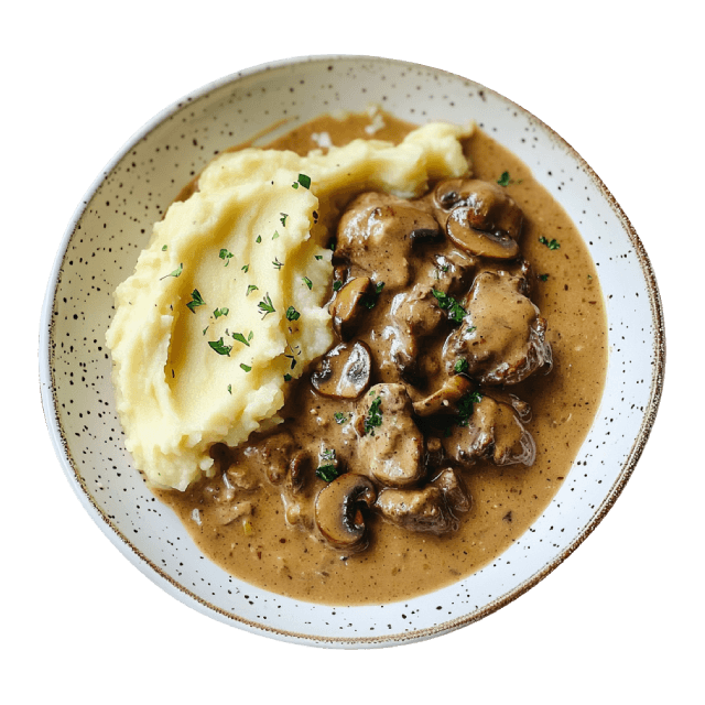 Karkówka w sosie grzybowym z puree ziemniaczanym