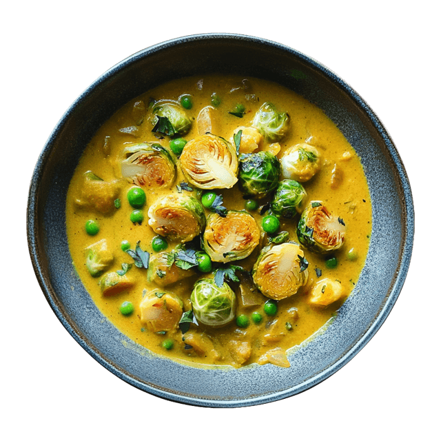 Curry z brukselką, zielonym groszkiem i tempehem