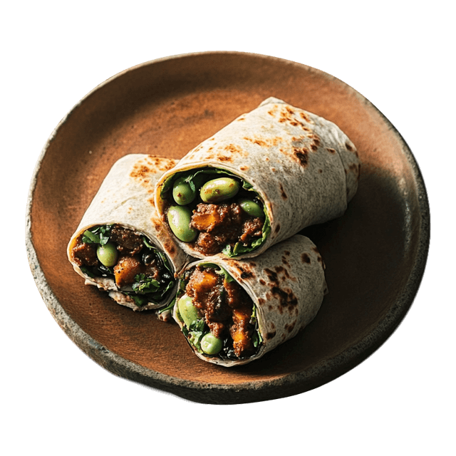 Tortilla z edamame, seitanem i hummusem
