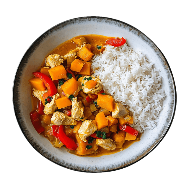Gulasz z indyka z dynią, papryką i ryżem basmati