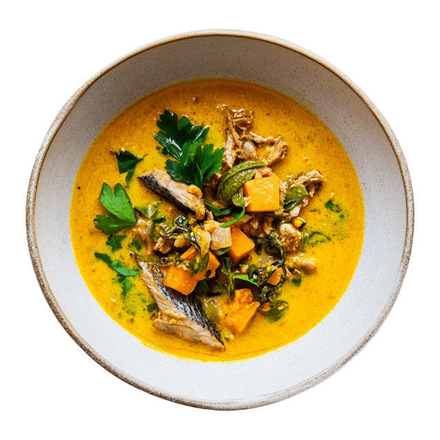 Zupa z wędzoną makrelą, batatem i curry