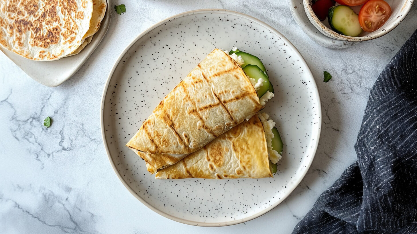 Tortilla z twarożkiem, szynką, sałatą i ogórkiem