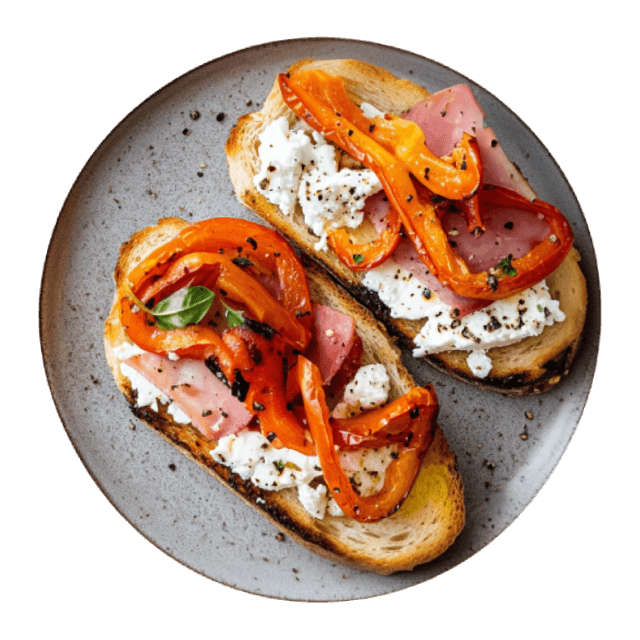 Tosty z serem typu feta, wędliną i pieczoną papryką