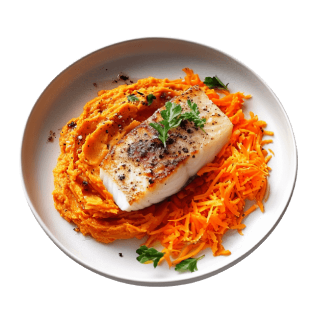 Pieczony dorsz z puree z batata i surówką