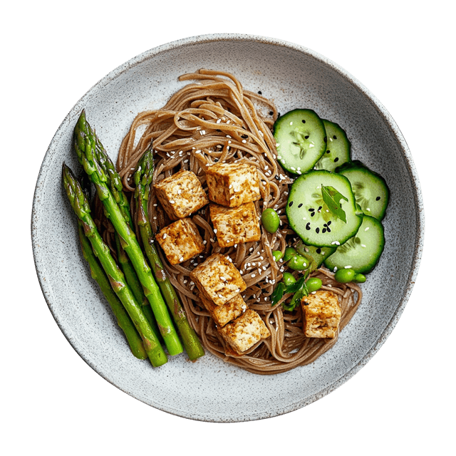 Makaron soba z wędzonym tofu z edamame i szparagami