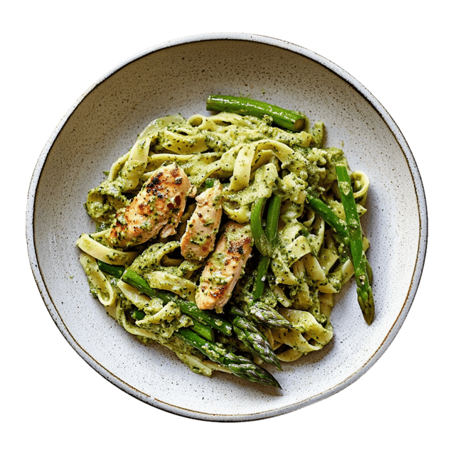 Makaron ze szparagami, kurczakiem i pesto bazyliowym