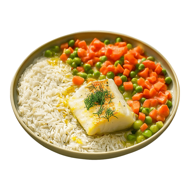 Ryż basmati z pieczonym dorszem i marchewką z groszkiem
