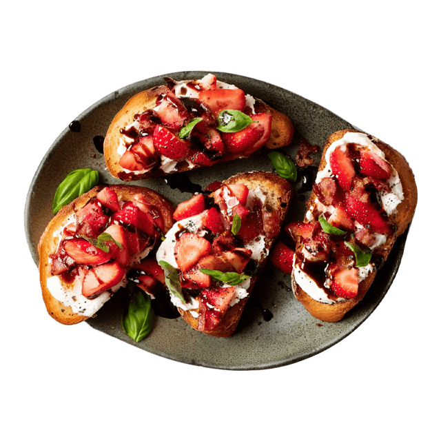 Bruschetta z burratą, truskawkami i chrupiącymi skwarkami