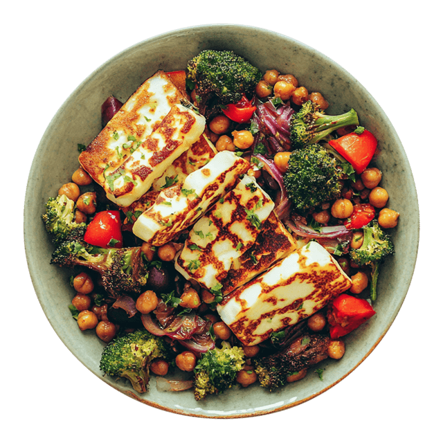 Pieczona ciecierzyca z warzywami i halloumi