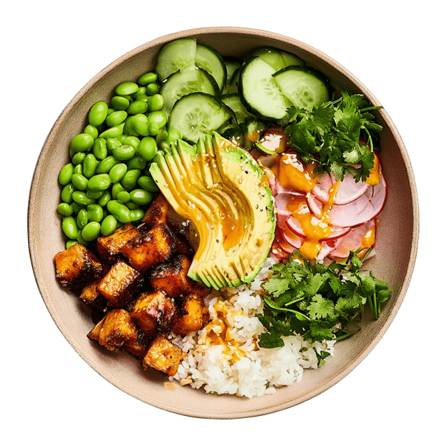 Bowl z pieczonym tofu, rzodkiewką i awokado