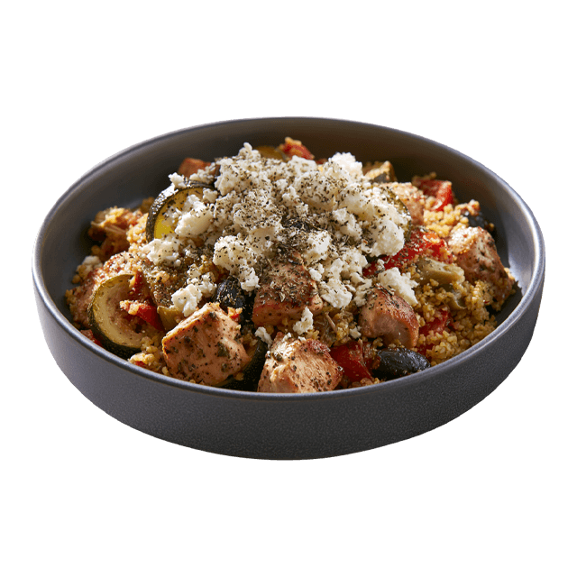 Warzywa na patelnię po grecku z kurczakiem i kaszą bulgur