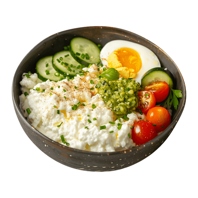 Bowl z serkiem wiejskim z pesto, jajkiem i warzywami [Przepisy Podopiecznych]