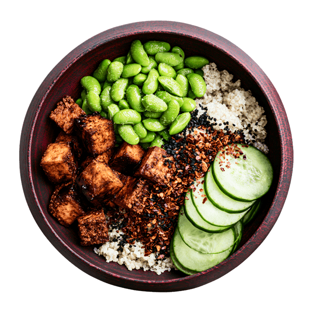 Pikantna miska mocy: chrupiące tofu, edamame i komosa ryżowa