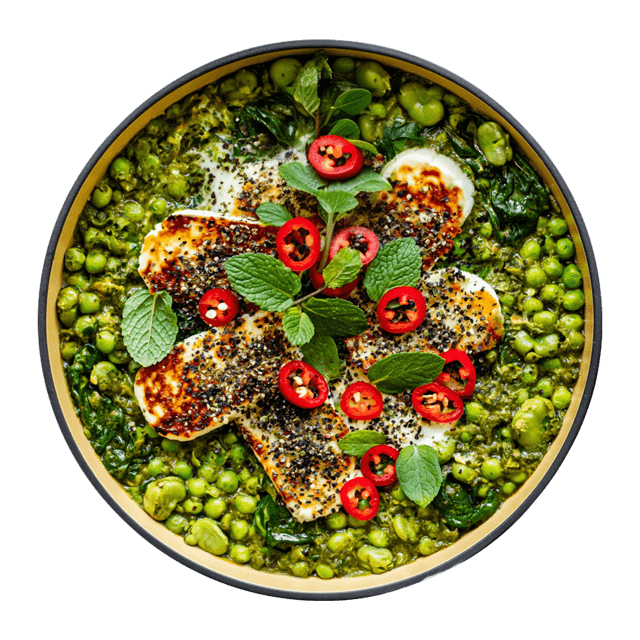 Zielona szakszuka z zielonym groszkiem i serem halloumi