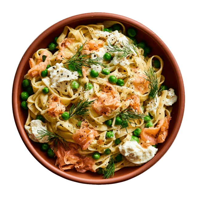 Makaron z wędzonym łososiem, mrożonym groszkiem i serkiem ricotta