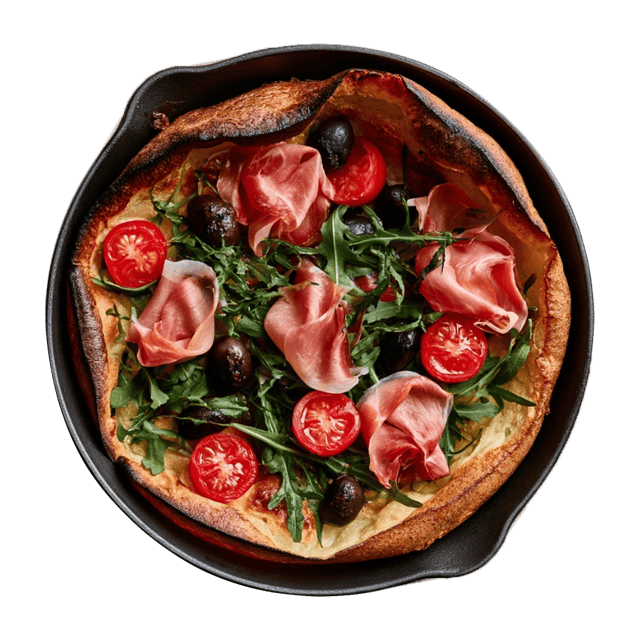 Wytrawne dutch baby z szynką parmeńską, pomidorkami i rukolą