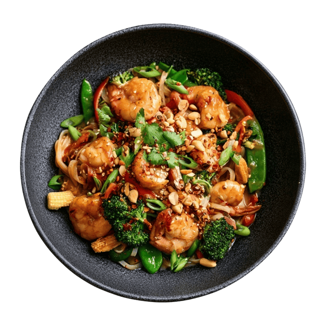 Szybkie orzechowe stir-fry z mrożonymi warzywami i krewetkami